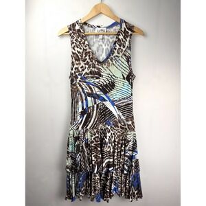 Joseph Ribkoff Drop Waist Ruffle Hem Animal Print Dress Sleeveless V Neck Sz  12